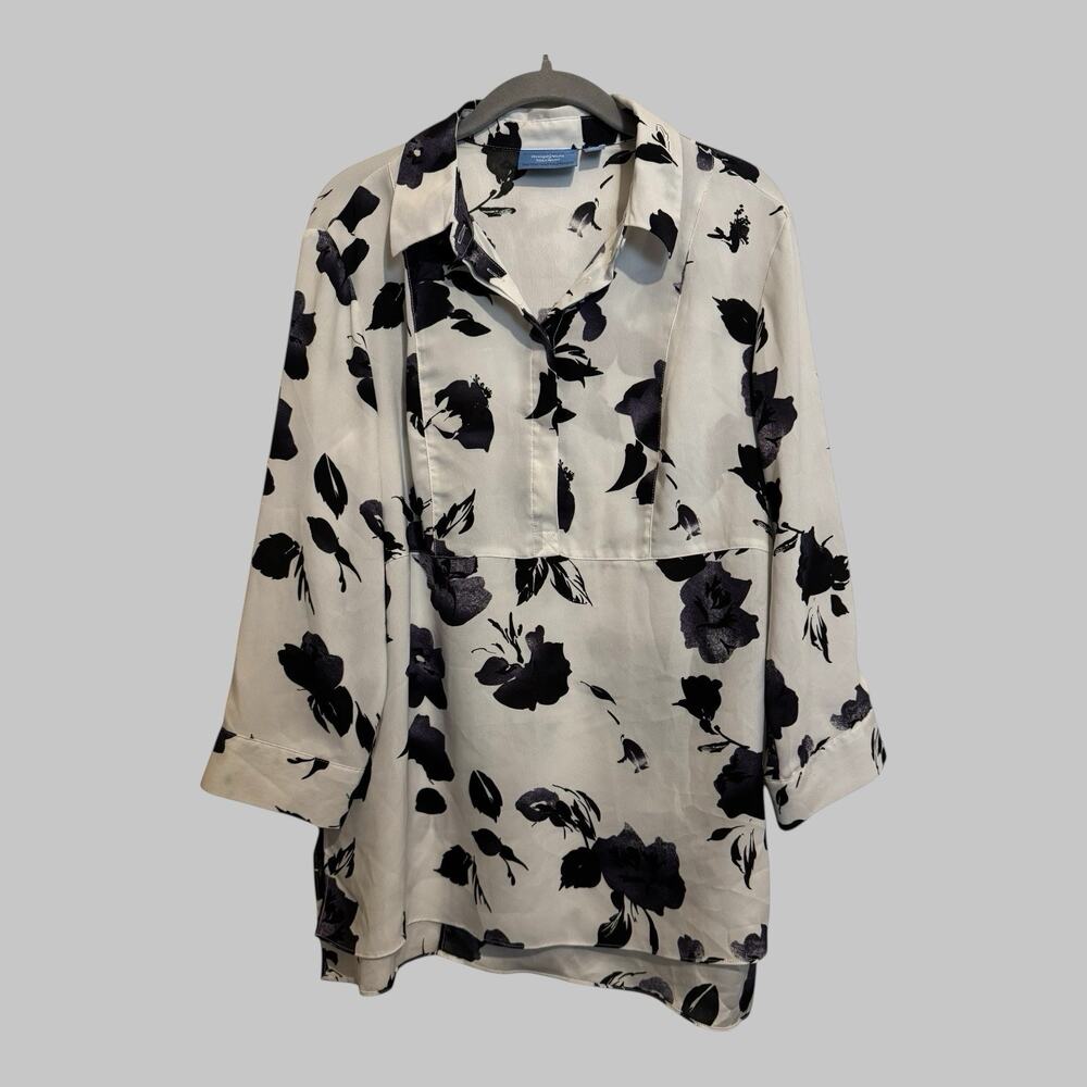 Vera Wang Dark Purple Black Dark Floral Modern Office Career Blouse Tunic Size L